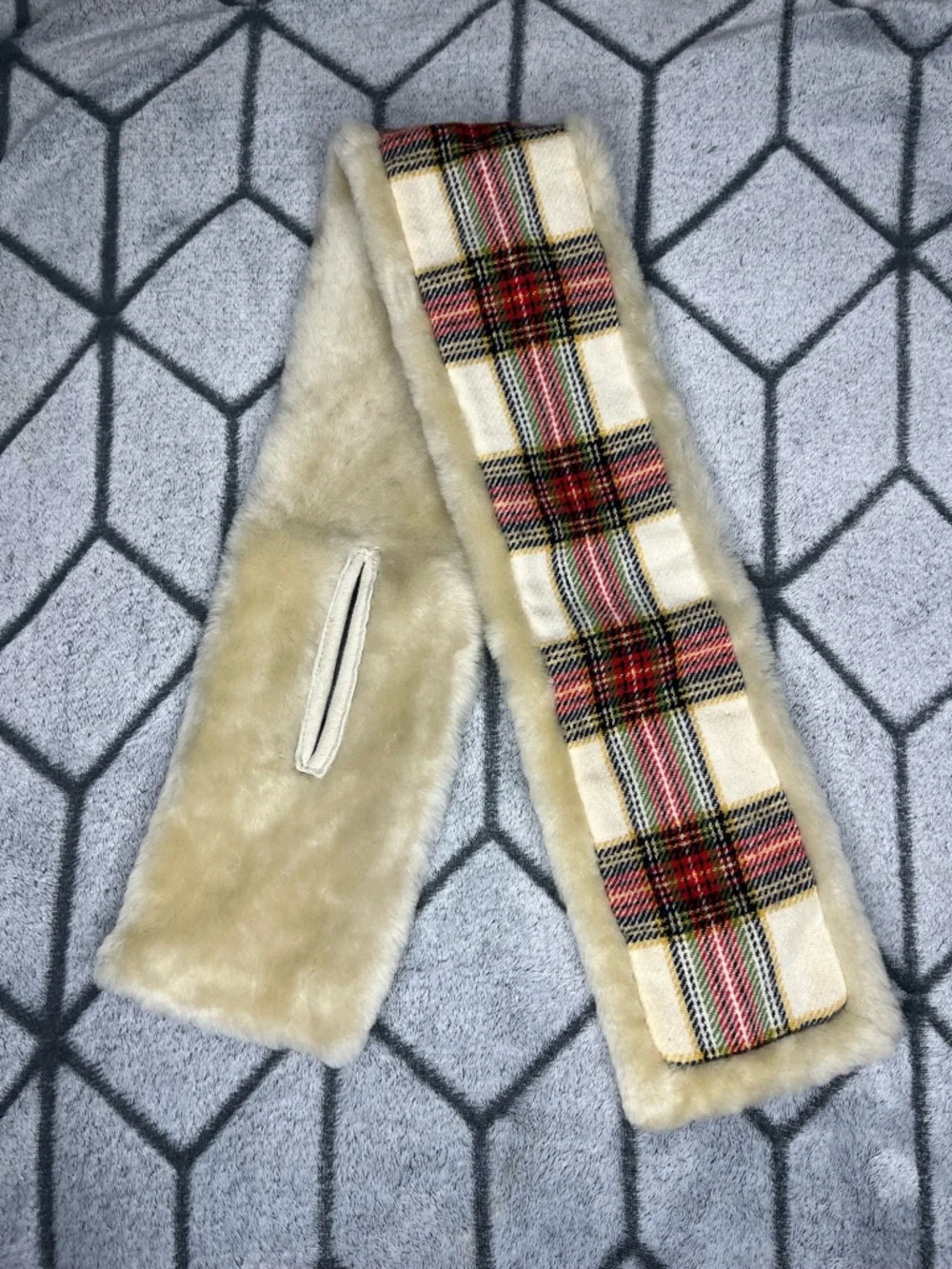 J Crew Cream Plaid Shearling Wool Fur Trim Scarf